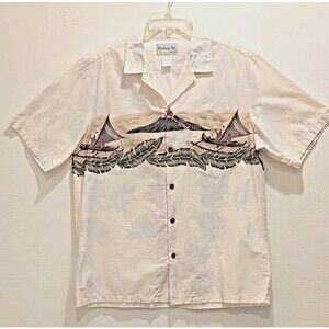 Bishop St. Hawaiian Shirt Mens L Beige Tribal Volcano Short Sleeve Button Up